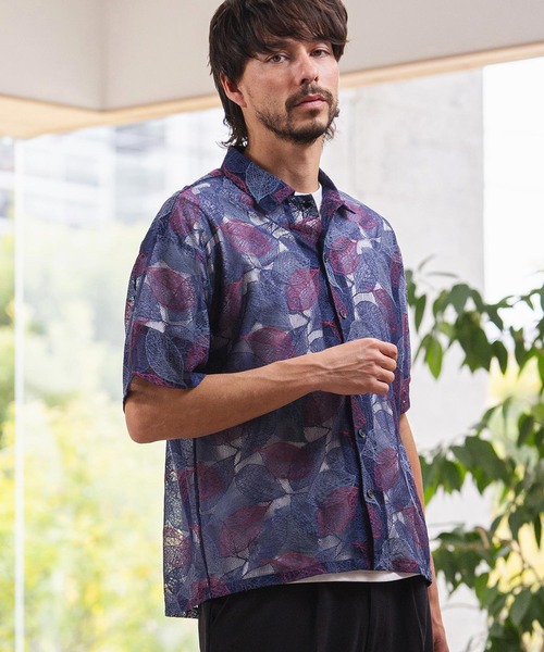 CAMBIO(カンビオ)の「mhs2624-Leaf Pattern Sheer Short Sleeve Shirts 半袖シャツ(PF-261-024)(シャツ/ブラウス・メンズ・ネイビー/ブラック・M/L)」の5枚目の写真