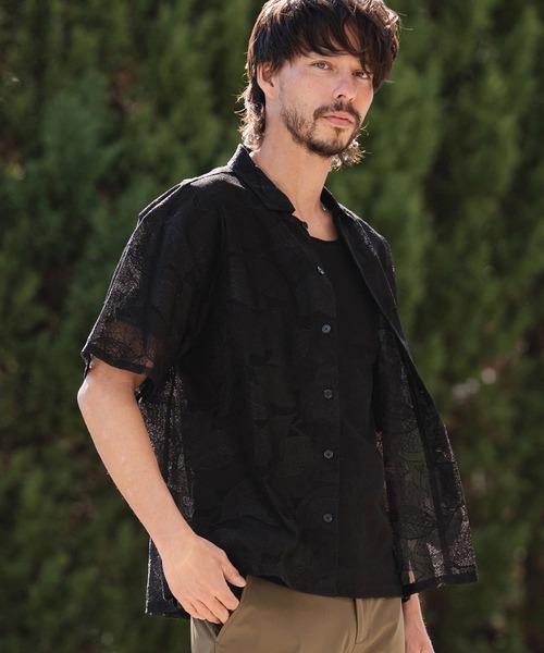 CAMBIO(カンビオ)の「mhs2624-Leaf Pattern Sheer Short Sleeve Shirts 半袖シャツ(PF-261-024)(シャツ/ブラウス・メンズ・ネイビー/ブラック・M/L)」の9枚目の写真