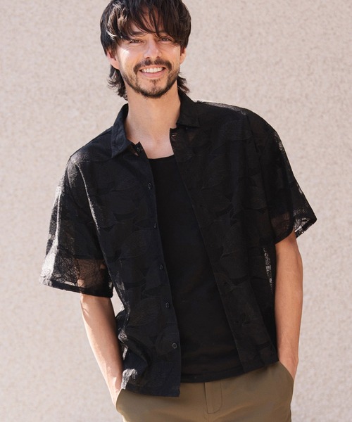 CAMBIO(カンビオ)の「mhs2624-Leaf Pattern Sheer Short Sleeve Shirts 半袖シャツ(PF-261-024)(シャツ/ブラウス・メンズ・ネイビー/ブラック・M/L)」の11枚目の写真