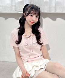 リボン付レース出しラインストーンロゴトップス