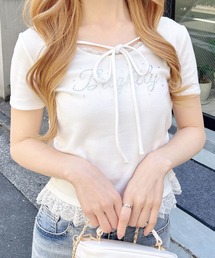 INGNI | リボン付レース出しラインストーンロゴトップス(Tシャツ/カットソー)