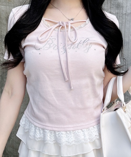 INGNI（イング）の「リボン付レース出しラインストーンロゴトップス（Tシャツ/カットソー・レディース・ライトピンク/ブラック/グレー/オフホワイト・M）」の18枚目の写真