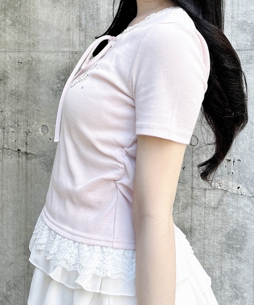 INGNI（イング）の「リボン付レース出しラインストーンロゴトップス（Tシャツ/カットソー・レディース・ライトピンク/ブラック/グレー/オフホワイト・M）」の19枚目の写真