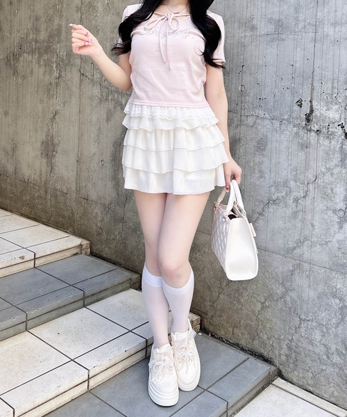 INGNI（イング）の「リボン付レース出しラインストーンロゴトップス（Tシャツ/カットソー・レディース・ライトピンク/ブラック/グレー/オフホワイト・M）」の22枚目の写真