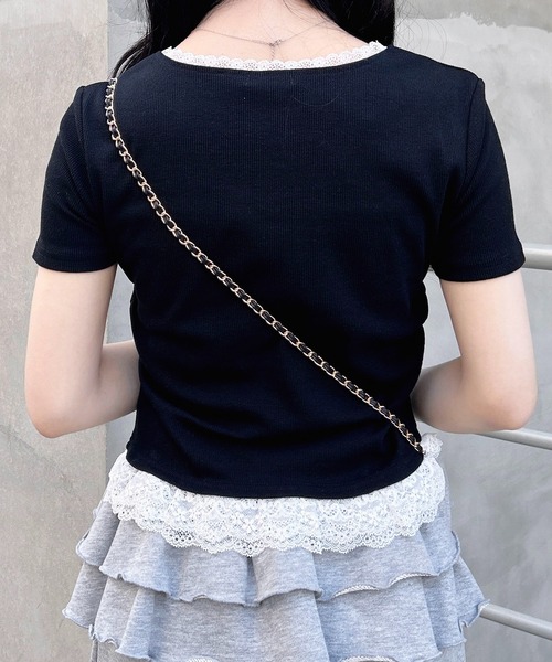 INGNI（イング）の「リボン付レース出しラインストーンロゴトップス（Tシャツ/カットソー・レディース・ライトピンク/ブラック/グレー/オフホワイト・M）」の6枚目の写真