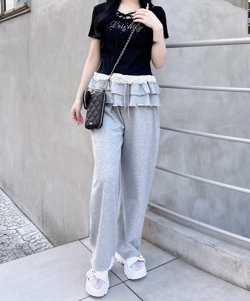 INGNI（イング）の「リボン付レース出しラインストーンロゴトップス（Tシャツ/カットソー・レディース・ライトピンク/ブラック/グレー/オフホワイト・M）」の8枚目の写真
