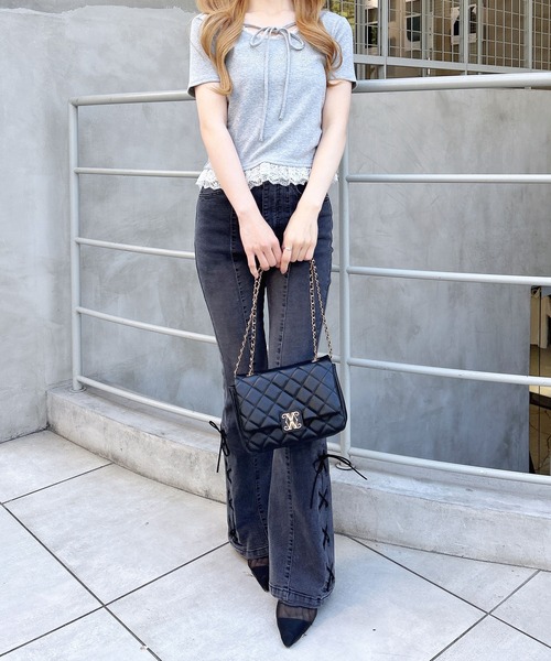 INGNI（イング）の「リボン付レース出しラインストーンロゴトップス（Tシャツ/カットソー・レディース・ライトピンク/ブラック/グレー/オフホワイト・M）」の14枚目の写真