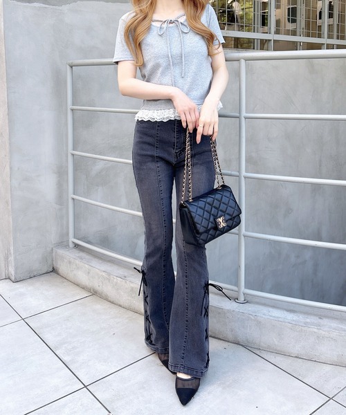 INGNI（イング）の「リボン付レース出しラインストーンロゴトップス（Tシャツ/カットソー・レディース・ライトピンク/ブラック/グレー/オフホワイト・M）」の15枚目の写真