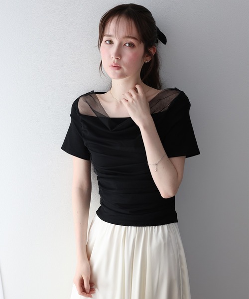 BLUEEAST(ブルーイースト)の「チュールドッキングドレープカットソー(Tシャツ/カットソー・レディース・グレー/アイボリー/ブラック・MEDIUM)」の2枚目の写真