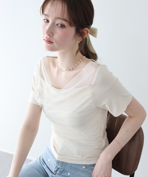 BLUEEAST(ブルーイースト)の「チュールドッキングドレープカットソー(Tシャツ/カットソー・レディース・グレー/アイボリー/ブラック・MEDIUM)」の5枚目の写真