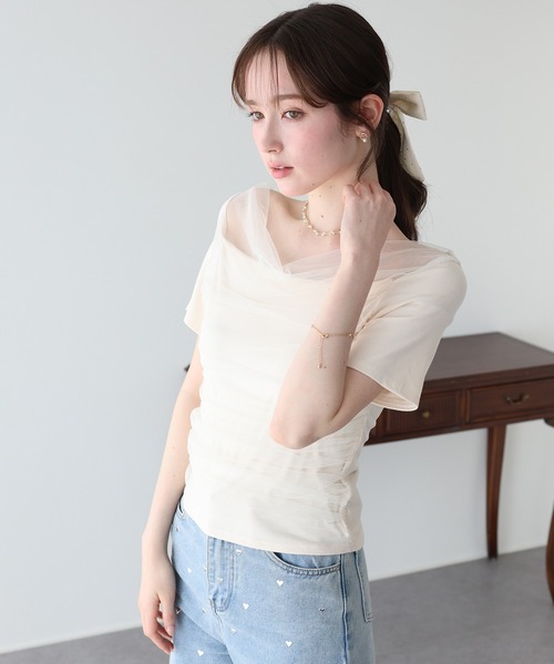 BLUEEAST(ブルーイースト)の「チュールドッキングドレープカットソー(Tシャツ/カットソー・レディース・グレー/アイボリー/ブラック・MEDIUM)」の6枚目の写真