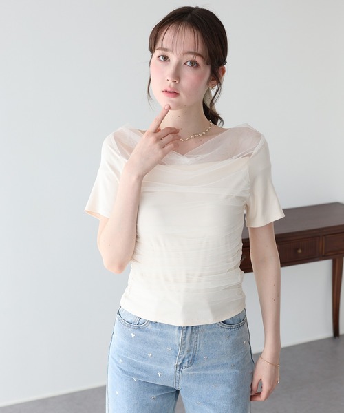 BLUEEAST(ブルーイースト)の「チュールドッキングドレープカットソー(Tシャツ/カットソー・レディース・グレー/アイボリー/ブラック・MEDIUM)」の4枚目の写真