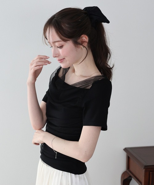 BLUEEAST(ブルーイースト)の「チュールドッキングドレープカットソー(Tシャツ/カットソー・レディース・グレー/アイボリー/ブラック・MEDIUM)」の9枚目の写真