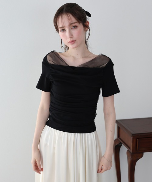 BLUEEAST(ブルーイースト)の「チュールドッキングドレープカットソー(Tシャツ/カットソー・レディース・グレー/アイボリー/ブラック・MEDIUM)」の7枚目の写真