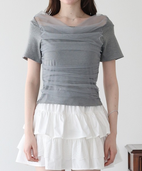 BLUEEAST(ブルーイースト)の「チュールドッキングドレープカットソー(Tシャツ/カットソー・レディース・グレー/アイボリー/ブラック・MEDIUM)」の13枚目の写真
