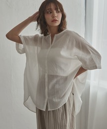 シアーバックギャザーノーカラーブラウス