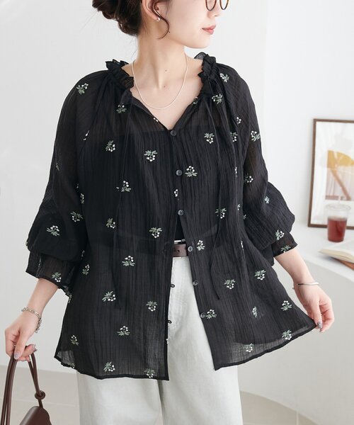 45R　フリル　カシュクール　花柄　コットン シャツ ブラウス　L　羽織 花柄刺繍衿フリルシャツ（シャツ/ブラウス）｜DISCOAT（ディスコート