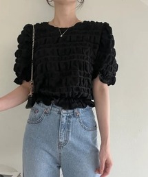 ラウンドネック パフスリーブ 凹凸テクスチャ ギャザー ショート丈 トップス