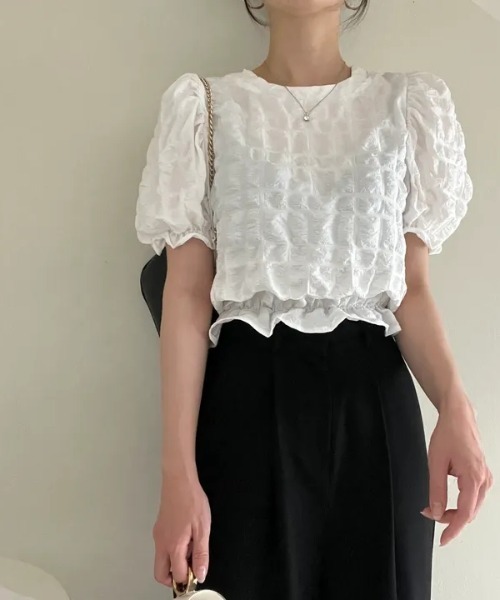 AMAJI(アマジ)の「ラウンドネック パフスリーブ 凹凸テクスチャ ギャザー ショート丈 トップス(Tシャツ/カットソー・レディース・ブラック/ホワイト・FREE)」の3枚目の写真