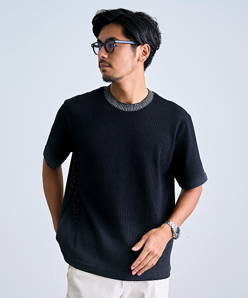 BENUSTA(ベヌスタ)の「『BENUSTA/ベヌスタ』クルーネックリブ半袖ニット【GC】(Tシャツ/カットソー・メンズ・ブラック/ホワイト・L/M)」の1枚目の写真
