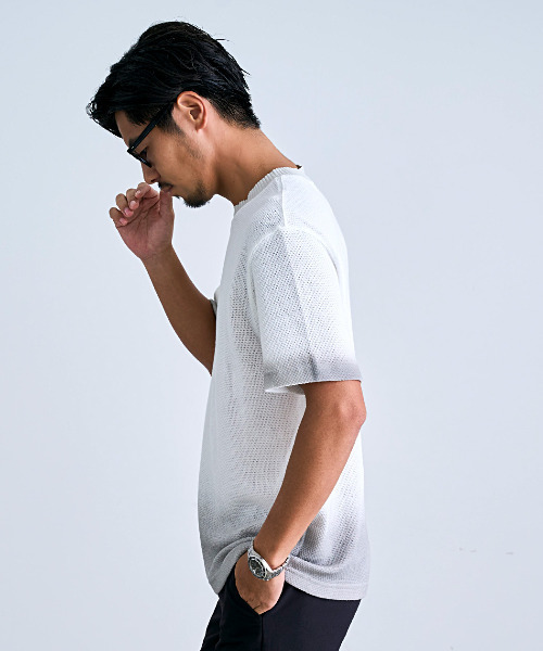BENUSTA(ベヌスタ)の「『BENUSTA/ベヌスタ』クルーネックリブ半袖ニット【GC】(Tシャツ/カットソー・メンズ・ブラック/ホワイト・L/M)」の4枚目の写真