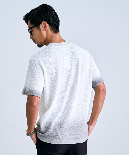 BENUSTA(ベヌスタ)の「『BENUSTA/ベヌスタ』クルーネックリブ半袖ニット【GC】(Tシャツ/カットソー・メンズ・ブラック/ホワイト・L/M)」の5枚目の写真