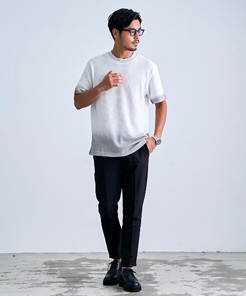 BENUSTA(ベヌスタ)の「『BENUSTA/ベヌスタ』クルーネックリブ半袖ニット【GC】(Tシャツ/カットソー・メンズ・ブラック/ホワイト・L/M)」の6枚目の写真