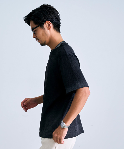 BENUSTA(ベヌスタ)の「『BENUSTA/ベヌスタ』クルーネックリブ半袖ニット【GC】(Tシャツ/カットソー・メンズ・ブラック/ホワイト・L/M)」の7枚目の写真