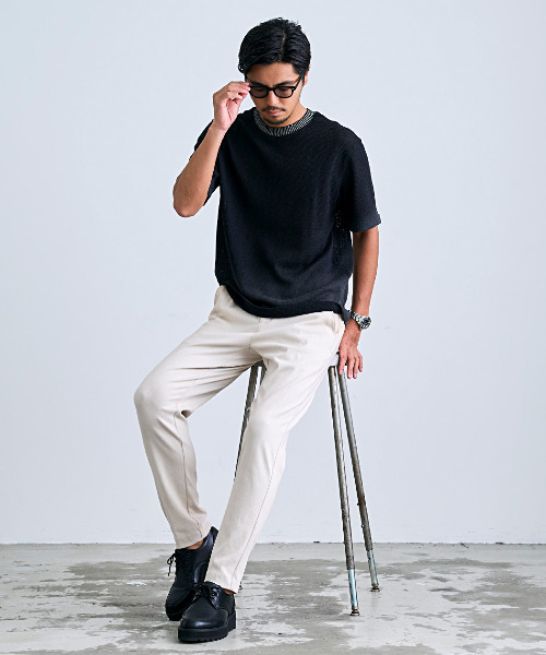 BENUSTA(ベヌスタ)の「『BENUSTA/ベヌスタ』クルーネックリブ半袖ニット【GC】(Tシャツ/カットソー・メンズ・ブラック/ホワイト・L/M)」の9枚目の写真