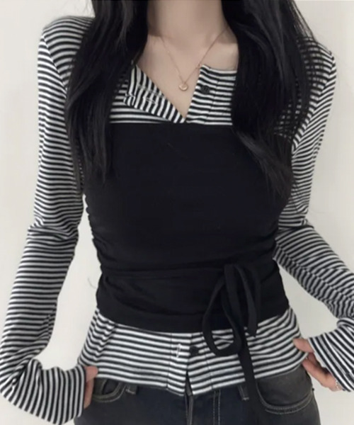 VIVID LADY(ビビッドレディー)の「ボーダーカーデxチューブトップ アンサンブル(アンサンブル・レディース・ブラウン/ブラック/グレー/チャコールグレー・FREE)」の9枚目の写真