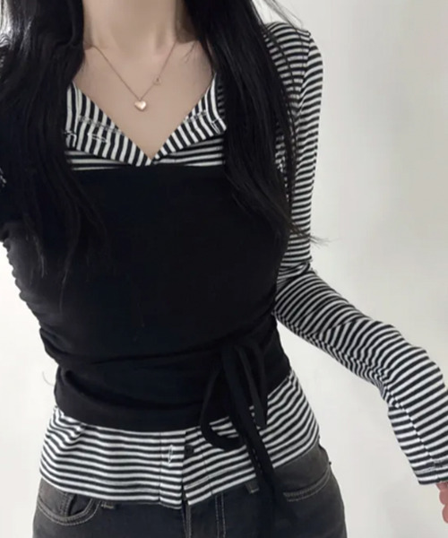 VIVID LADY(ビビッドレディー)の「ボーダーカーデxチューブトップ アンサンブル(アンサンブル・レディース・ブラウン/ブラック/グレー/チャコールグレー・FREE)」の10枚目の写真