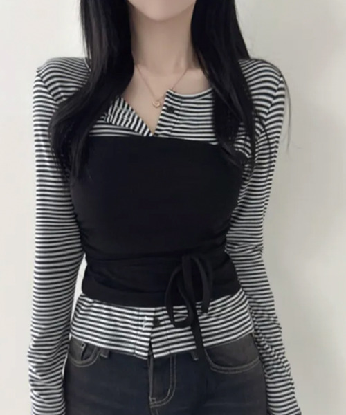 VIVID LADY(ビビッドレディー)の「ボーダーカーデxチューブトップ アンサンブル(アンサンブル・レディース・ブラウン/ブラック/グレー/チャコールグレー・FREE)」の11枚目の写真