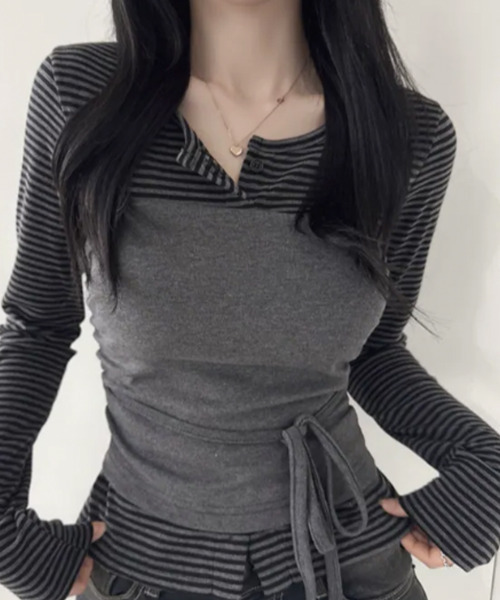 VIVID LADY(ビビッドレディー)の「ボーダーカーデxチューブトップ アンサンブル(アンサンブル・レディース・ブラウン/ブラック/グレー/チャコールグレー・FREE)」の16枚目の写真