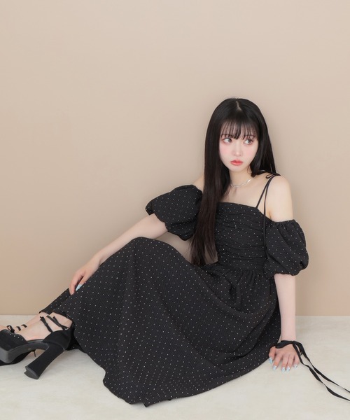 セール】Puff sleeves studded long onepiece（ワンピース）｜M me eme