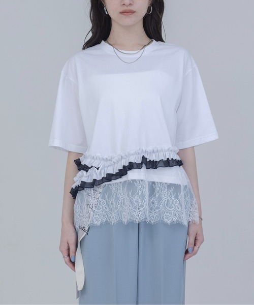Eimee Law(エイミーロウ)の「ウェーブフリル ヘムレースTシャツ(Tシャツ/カットソー・レディース・オフホワイト/ブラック・FREE)」の16枚目の写真