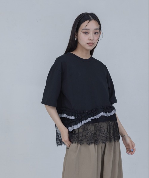 ★【新品】エイミーロウ ウェーブフリルヘムレースTシャツ ブラック 今季新作★ ウェーブフリル ヘムレースTシャツ Eimee Law│Eimee Law & LHELBIE