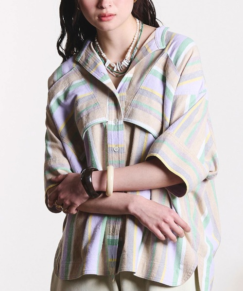 ROSE BUD(ローズバッド)の「(GENE HEAVENS)PANEL STRIPE S/S SHIRT(シャツ/ブラウス・レディース・パープル/ネイビー・ONE SIZE)」の1枚目の写真