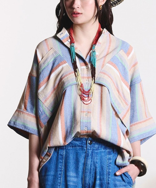 ROSE BUD(ローズバッド)の「(GENE HEAVENS)PANEL STRIPE S/S SHIRT(シャツ/ブラウス・レディース・パープル/ネイビー・ONE SIZE)」の2枚目の写真