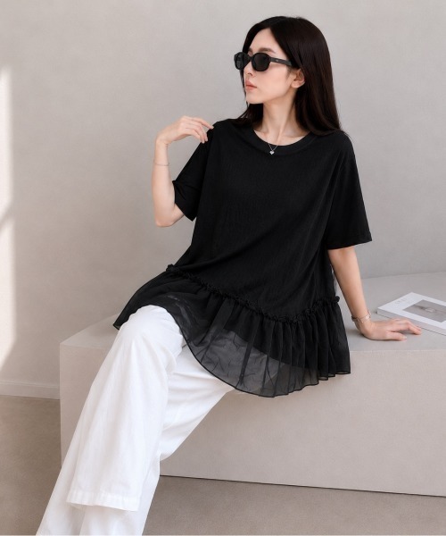 MONO8（モノハチ）の「異素材フリル切り替え半袖チュニックトップス（チュニック・レディース・ブラック/ホワイト・M）」の17枚目の写真