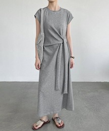 ウエストマークワンピース フレンチスリーブ ワンピース ロング フレアワンピース クロス ウエスト紐 リボン カジュアルワンピース 夏ワンピース 夏服