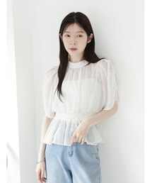【narumiセレクト】ウエストシャーリングハイネックドットブラウス