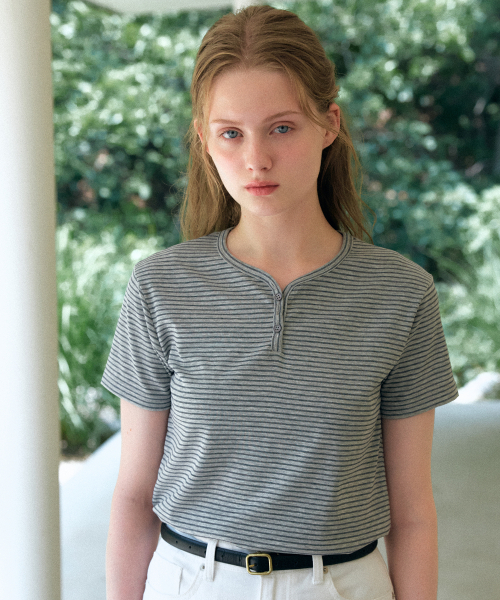 YUPPE(ヨッペ)の「ストライプテンセルTシャツ_グレー(Tシャツ/カットソー・レディース・その他・SMALL/MEDIUM)」の1枚目の写真