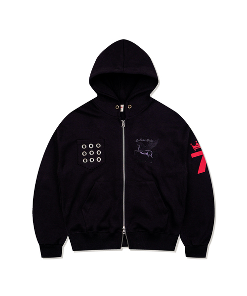 FABULOUS ARCHIVE(ファビュラスアーカイブ)の「EYELET SEVEN フーディ ジップアップ ブラック/ブラックグレー(FCG1ZP696M)(パーカー・レディース・ブラック/ブラック×グレー・MEDIUM/LARGE)」の1枚目の写真