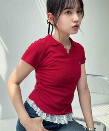 AS KNOW AS plus | 〇裾レース サイドギャザーテレコVネックTシャツ(Tシャツ/カットソー)