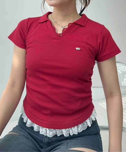 AS KNOW AS plus(アズノゥアズプラス)の「〇裾レース サイドギャザーテレコVネックTシャツ(Tシャツ/カットソー・レディース・ホワイト系/レッド/グレー系・FREE)」の5枚目の写真