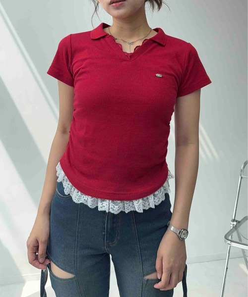 AS KNOW AS plus(アズノゥアズプラス)の「〇裾レース サイドギャザーテレコVネックTシャツ(Tシャツ/カットソー・レディース・ホワイト系/レッド/グレー系・FREE)」の9枚目の写真