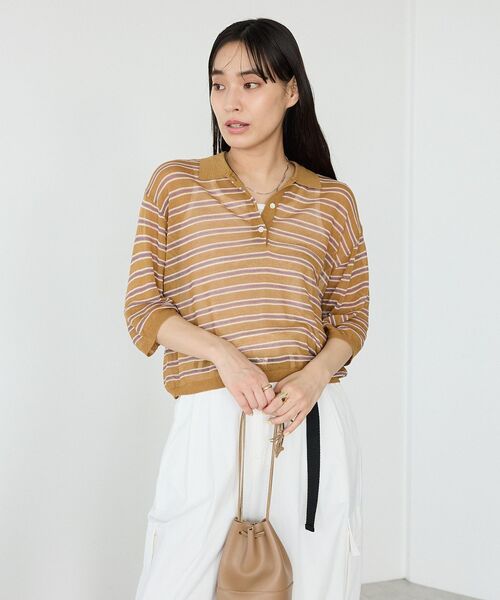 CRAFT STANDARD BOUTIQUE(クラフトスタンダードブティック)の「シアーボーダーショート丈ポロニット(ニット/セーター・レディース・キャメル/ピンク/パープル・FREE)」の9枚目の写真