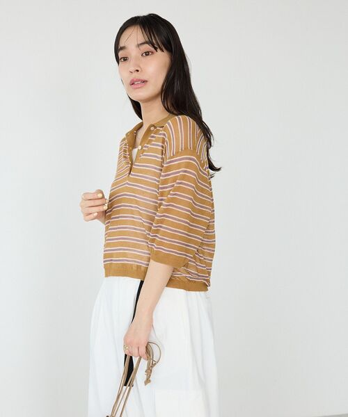 CRAFT STANDARD BOUTIQUE(クラフトスタンダードブティック)の「シアーボーダーショート丈ポロニット(ニット/セーター・レディース・キャメル/ピンク/パープル・FREE)」の10枚目の写真