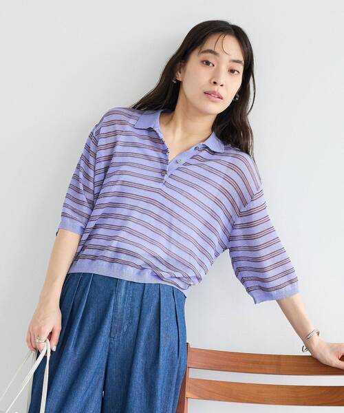CRAFT STANDARD BOUTIQUE(クラフトスタンダードブティック)の「シアーボーダーショート丈ポロニット(ニット/セーター・レディース・キャメル/ピンク/パープル・FREE)」の18枚目の写真