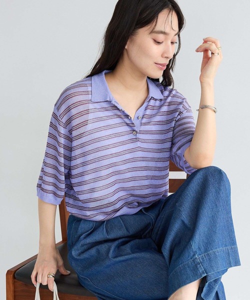 CRAFT STANDARD BOUTIQUE(クラフトスタンダードブティック)の「シアーボーダーショート丈ポロニット(ニット/セーター・レディース・キャメル/ピンク/パープル・FREE)」の2枚目の写真